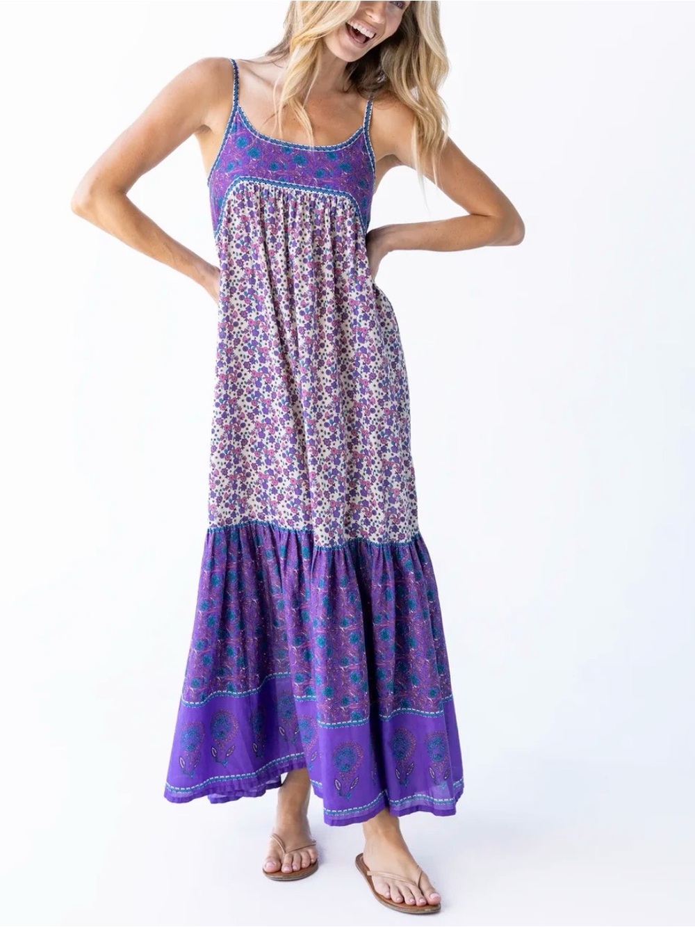 Natural Life Boho Patchwork Floral Cotton Maxi Dress Purple Smocked Cottagecore